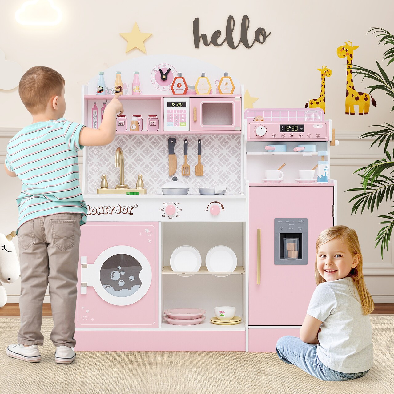 Wooden Kitchen Playset with Coffee Maker Ice Maker and 27 Accessories for Kids